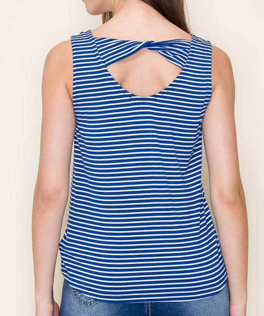 Blue Striped Sleeveless Tank Top with Twisted Back Design