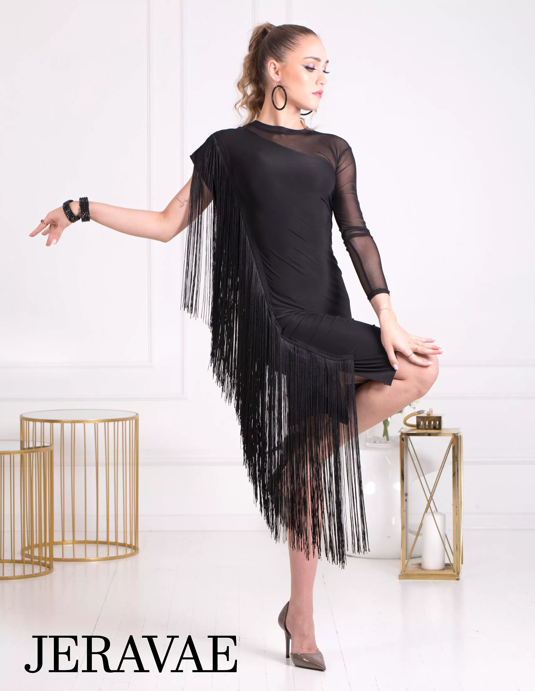 Body Positive Senga Dancewear Latin Practice Dress - Black with Long Fringe and One Mesh Sleeve - Sizes XL-4XL PRA 1068 (Availab