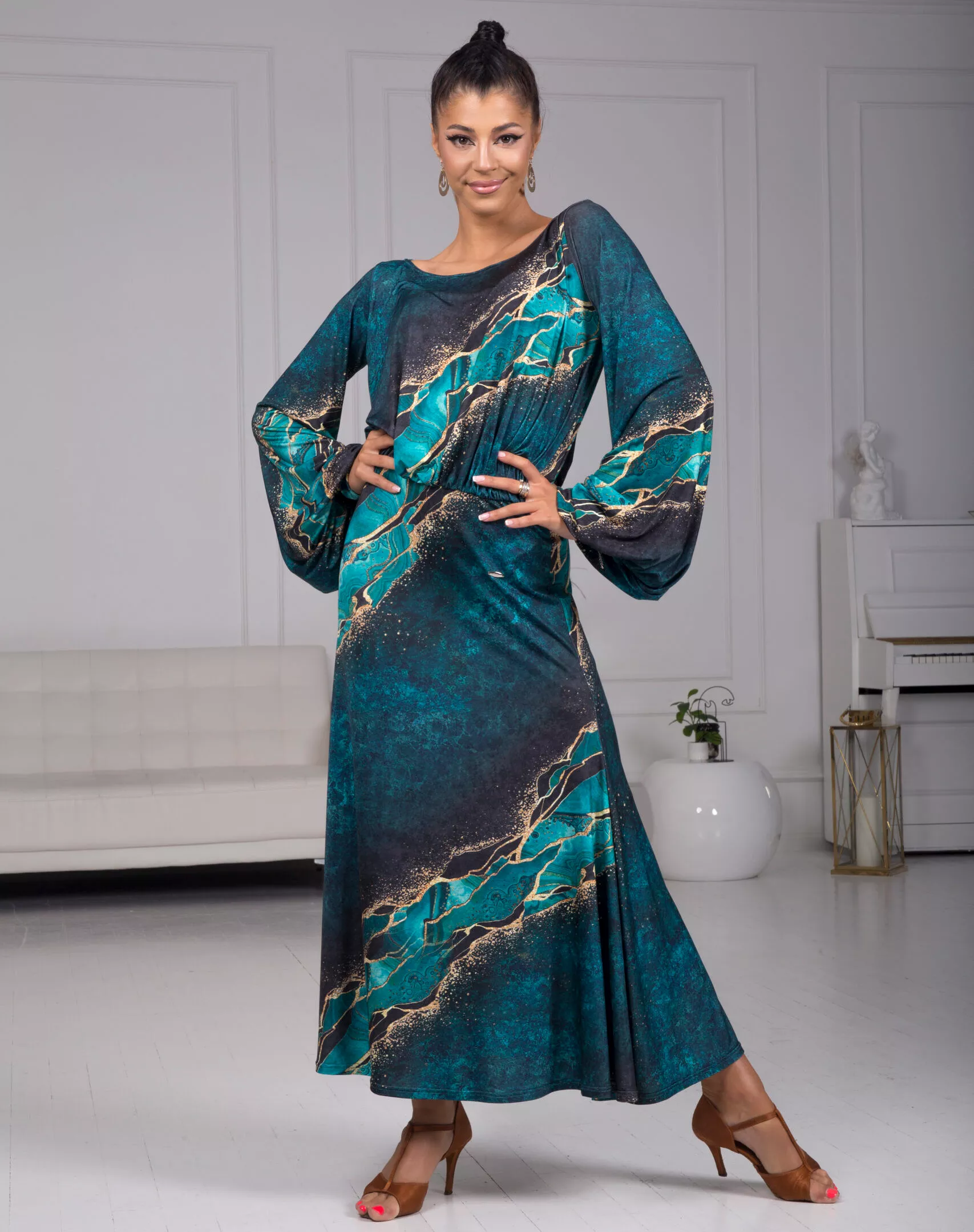 Body Positive Senga Dancewear Turquoise and Gold Pattern Ballroom Practice Dress with Lantern Sleeves and Elastic Waistline