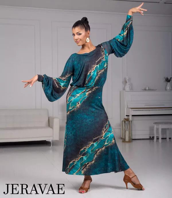 Body Positive Senga Dancewear Turquoise and Gold Pattern Ballroom Practice Dress with Lantern Sleeves and Elastic Waistline