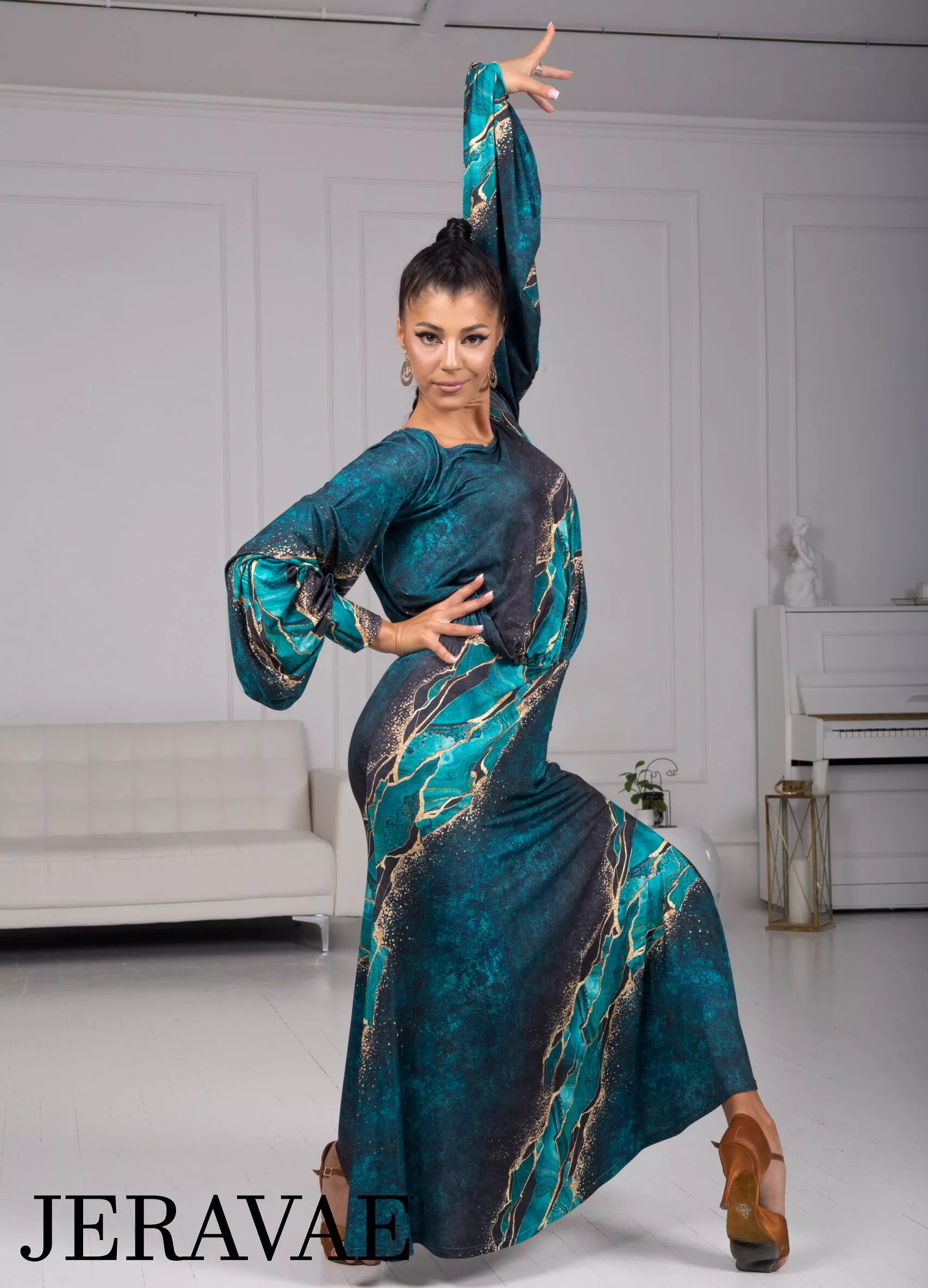 Body Positive Senga Dancewear Turquoise and Gold Pattern Ballroom Practice Dress with Lantern Sleeves and Elastic Waistline