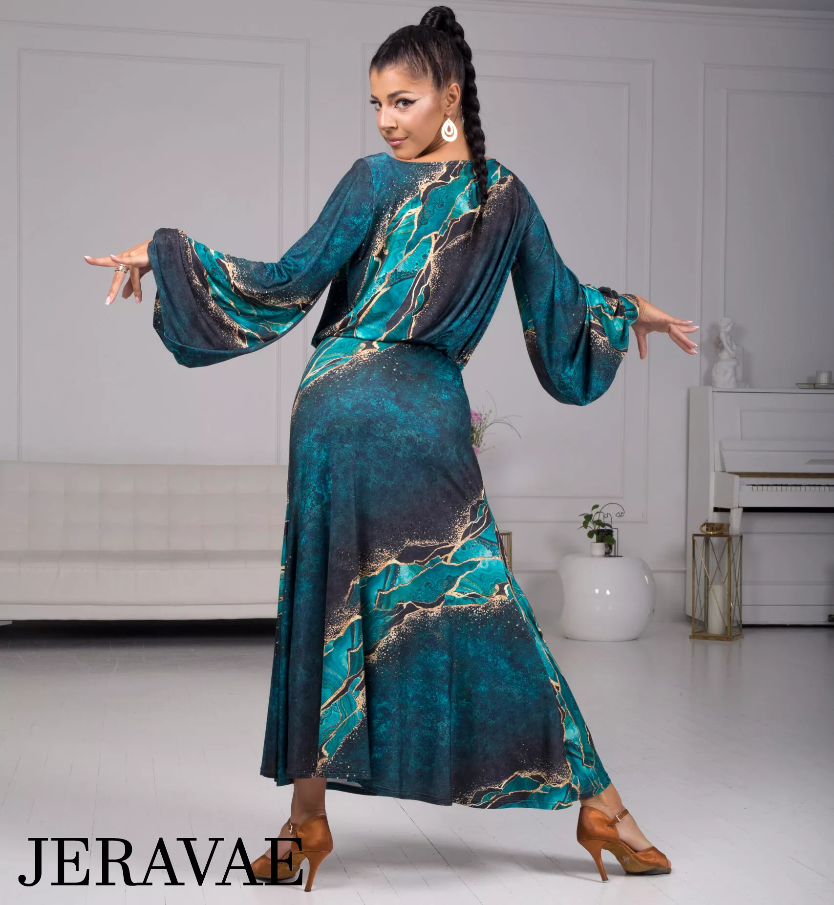 Body Positive Senga Dancewear Turquoise and Gold Pattern Ballroom Practice Dress with Lantern Sleeves and Elastic Waistline