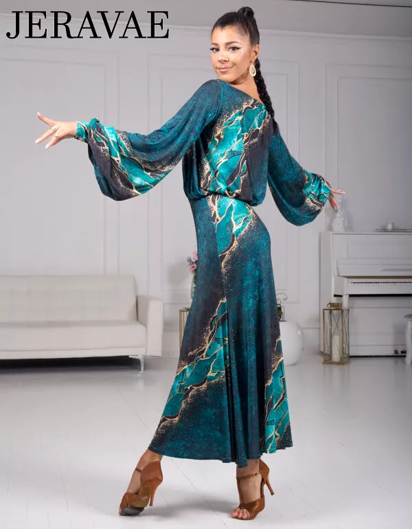 Body Positive Senga Dancewear Turquoise and Gold Pattern Ballroom Practice Dress with Lantern Sleeves and Elastic Waistline