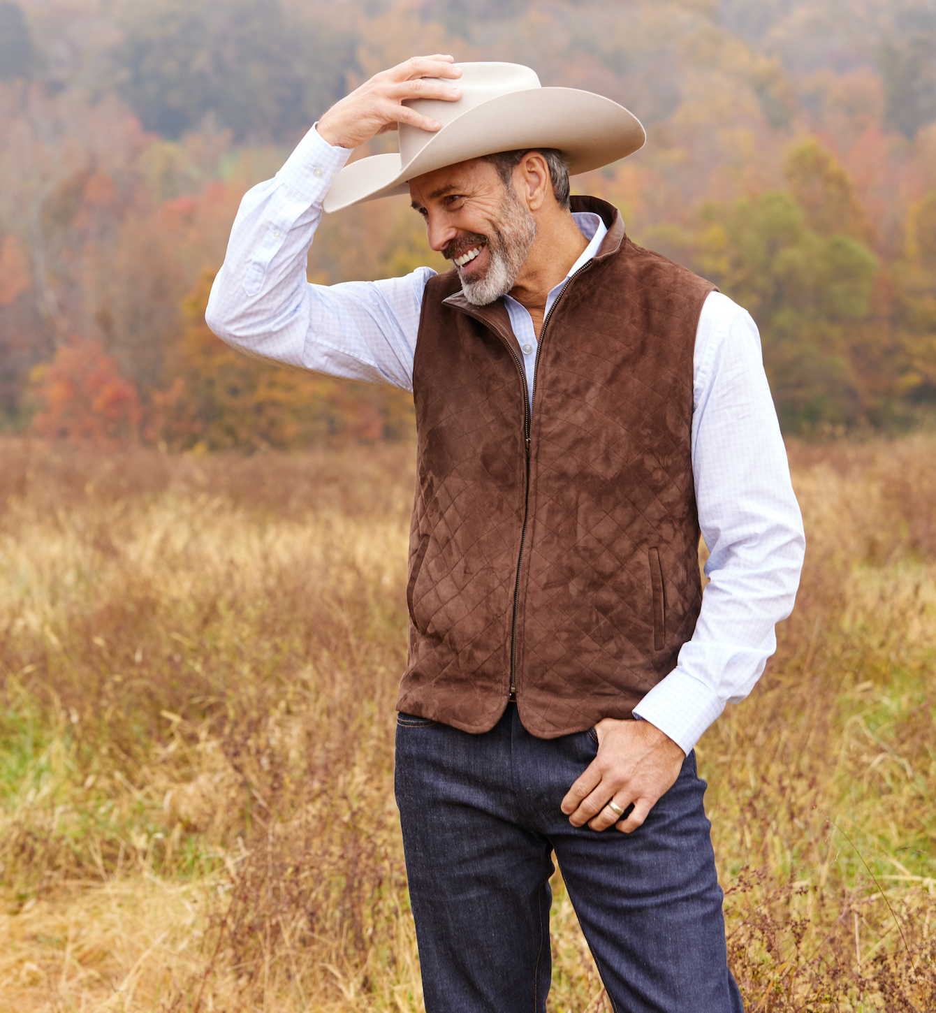 Brown quilted suede vest.