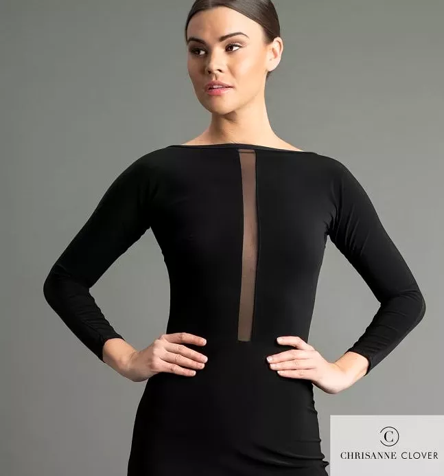 Chrisanne Clover Black Latin Practice Dress with Sheer Stretch Net Center Panel and Keyhole Back PRA 1059 - In Stock