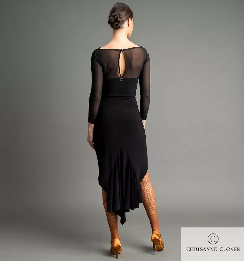 Chrisanne Clover Black Latin Practice Dress with Sheer Stretch Net Center Panel and Keyhole Back PRA 1059 - In Stock