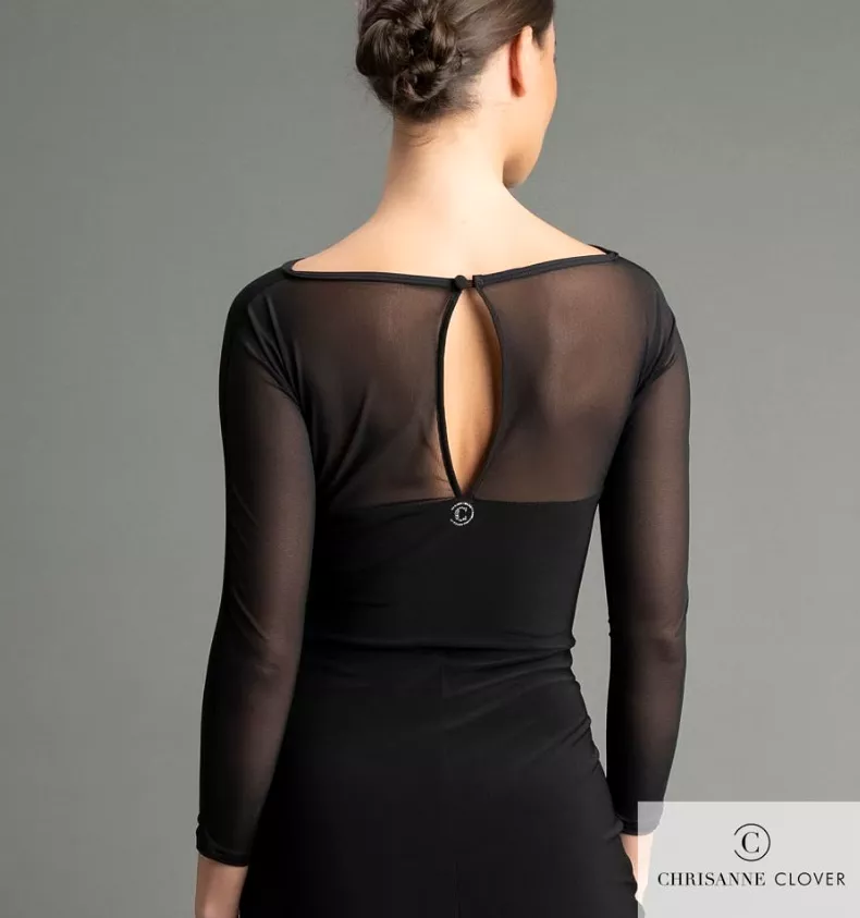 Chrisanne Clover Black Latin Practice Dress with Sheer Stretch Net Center Panel and Keyhole Back PRA 1059 - In Stock