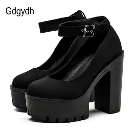 Chunky Block High Heel Platform Shoes - Ankle Strap Buckle Pumps - Gothic Punk Shoes for Model Nightclub