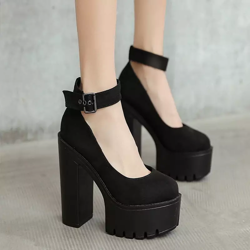 Chunky Block High Heel Platform Shoes - Ankle Strap Buckle Pumps - Gothic Punk Shoes for Model Nightclub