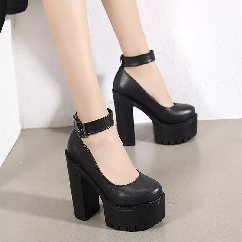 Chunky Block High Heel Platform Shoes - Ankle Strap Buckle Pumps - Gothic Punk Shoes for Model Nightclub