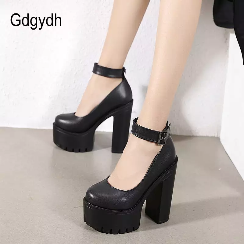 Chunky Block High Heel Platform Shoes - Ankle Strap Buckle Pumps - Gothic Punk Shoes for Model Nightclub