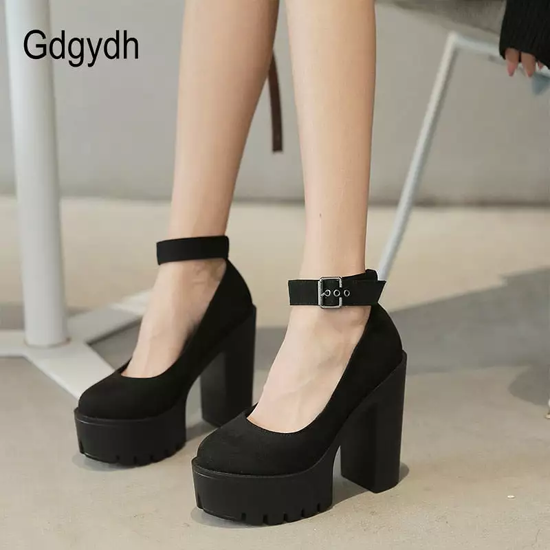 Chunky Block High Heel Platform Shoes - Ankle Strap Buckle Pumps - Gothic Punk Shoes for Model Nightclub