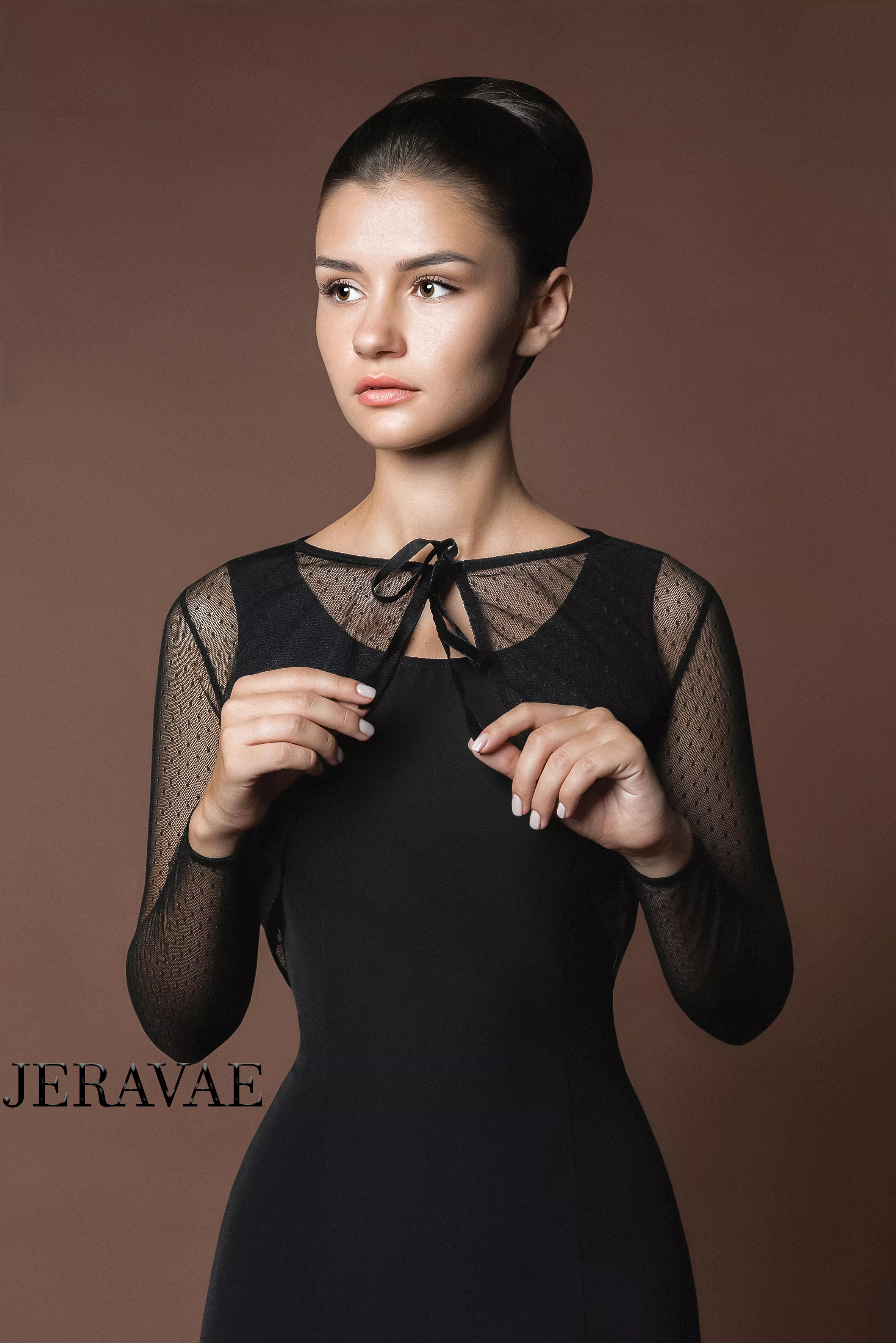 Classic Black Ballroom Practice Dress, Horsehair Details, Round Neckline, Optional Bolero - PRA 620 in Stock