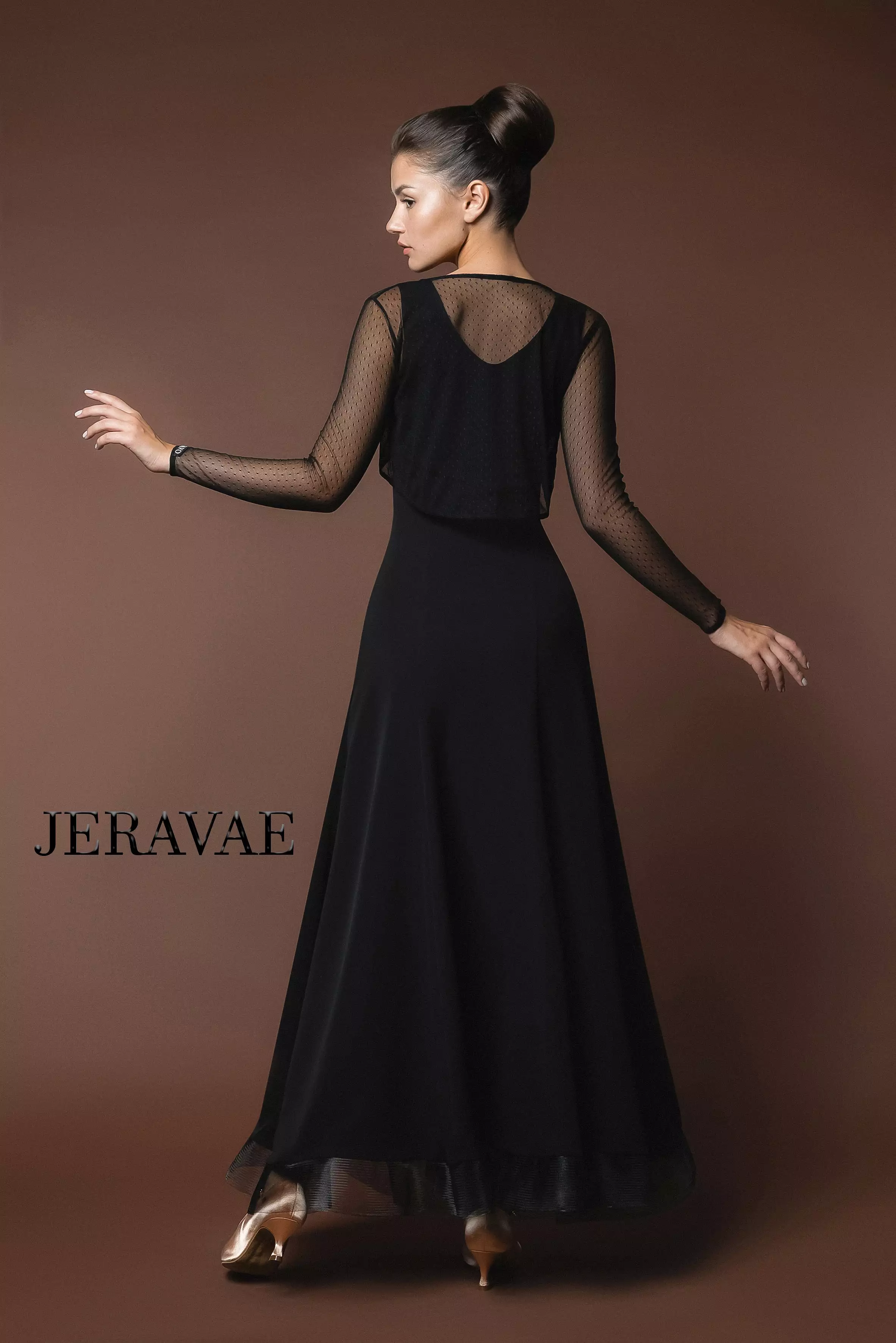 Classic Black Ballroom Practice Dress, Horsehair Details, Round Neckline, Optional Bolero - PRA 620 in Stock