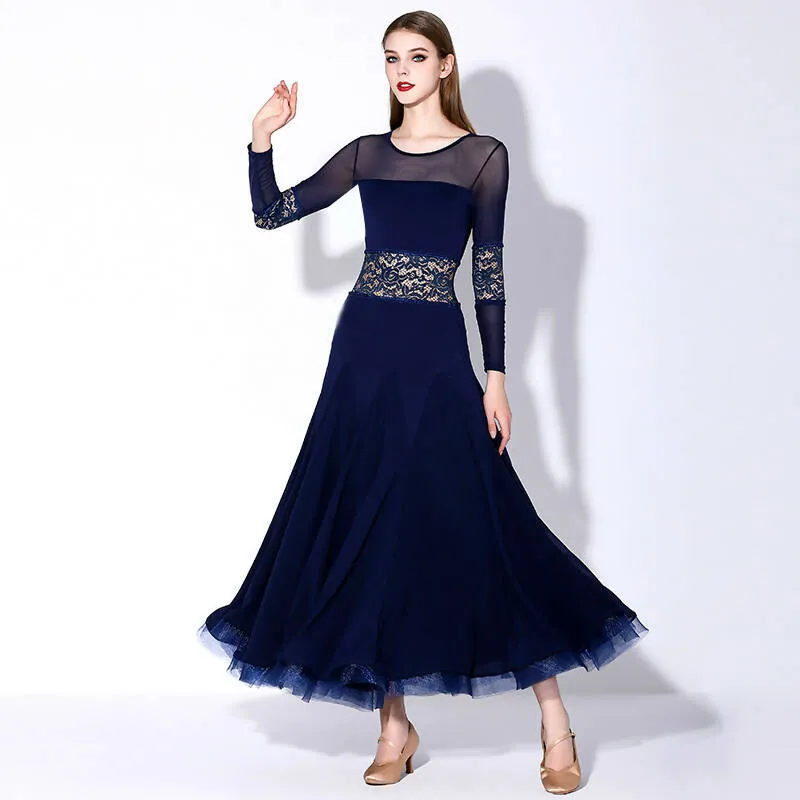 Navy Blue Lace Ballroom Practice Dance Dress.