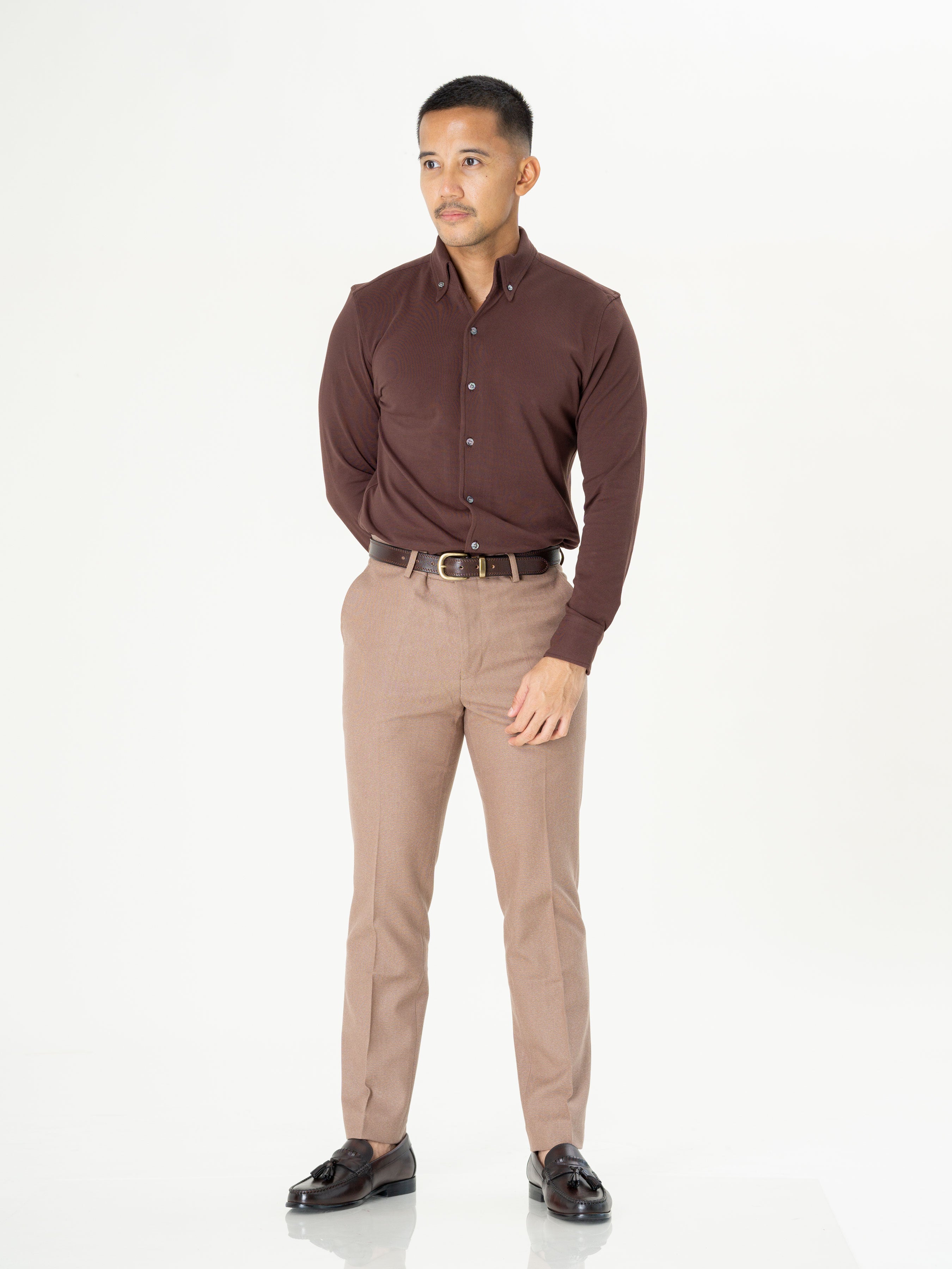 Coffee Button Down Long Sleeve Polo Shirt.