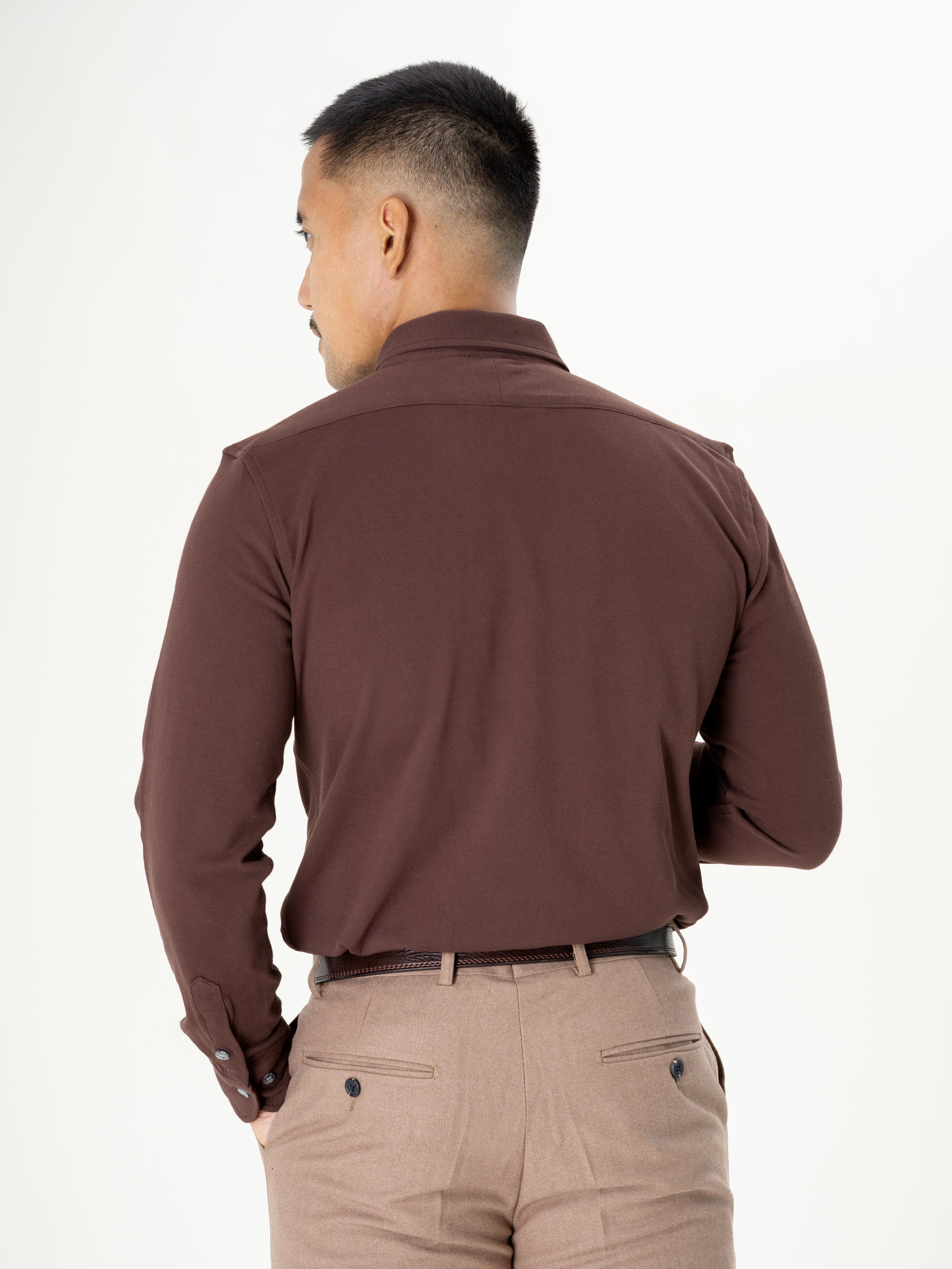 Coffee Button Down Long Sleeve Polo Shirt.