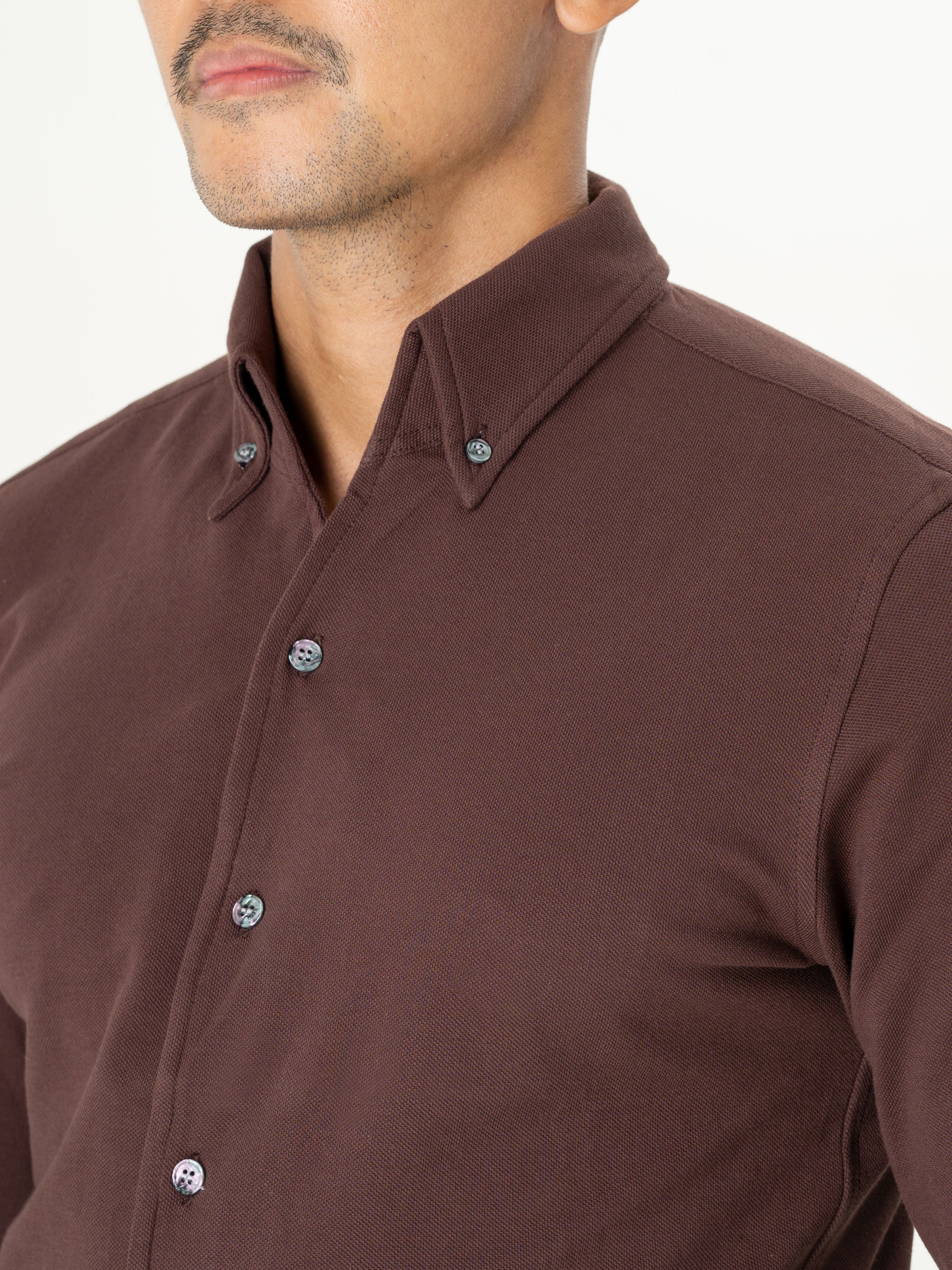 Coffee Button Down Long Sleeve Polo Shirt.