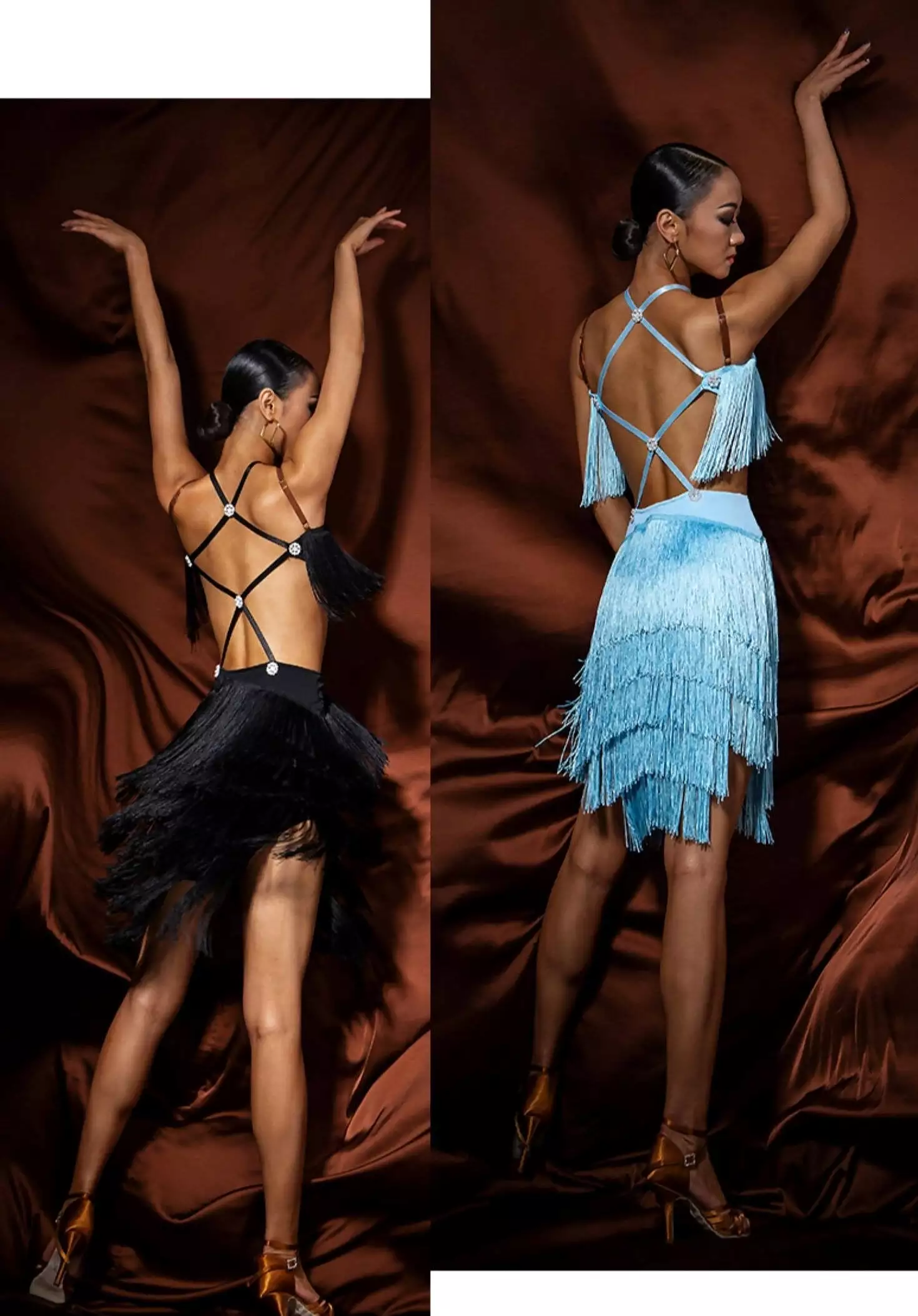 Crisscross Latin dance practice dress with fringed details, available in black and blue - W23A212.