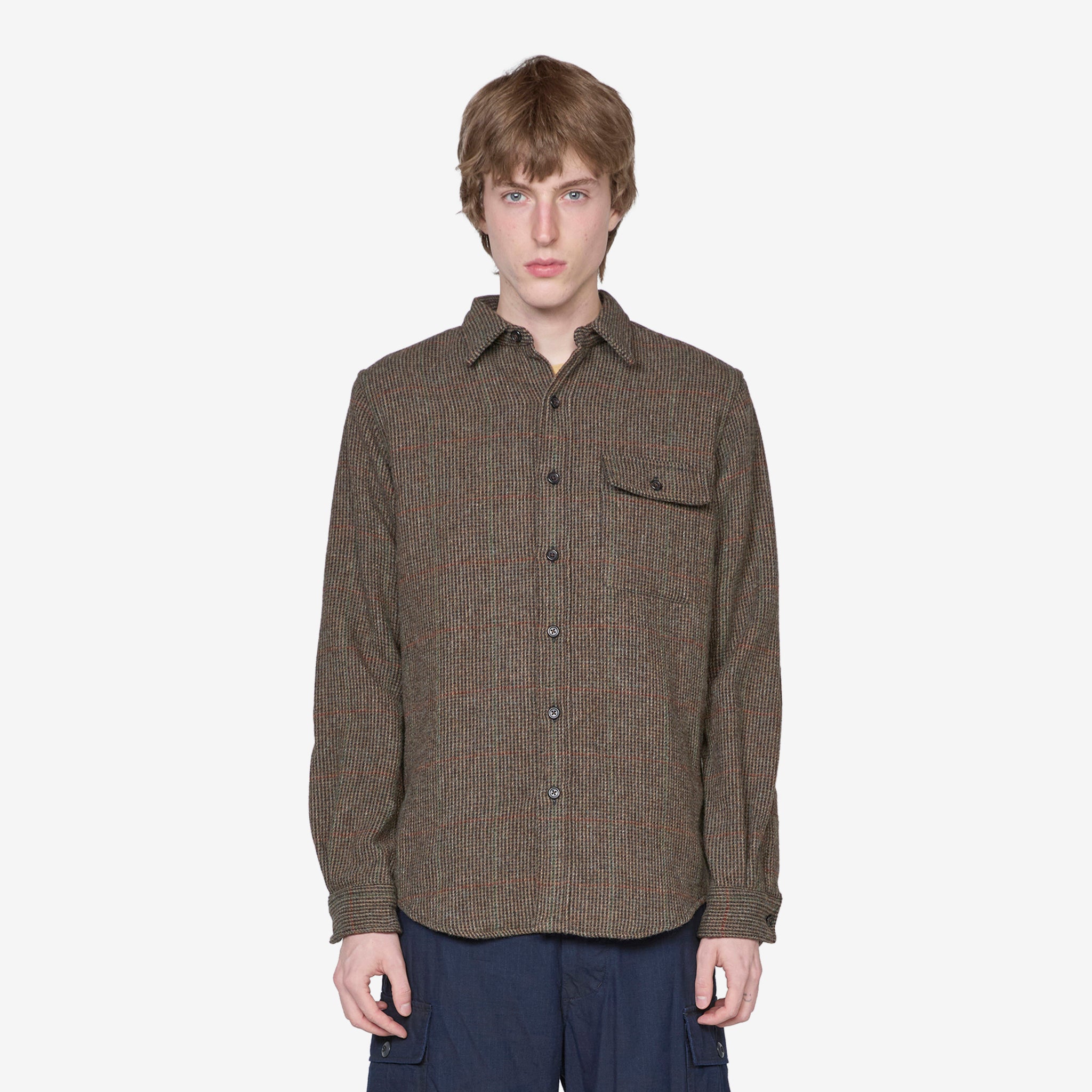 Custom Fit Suede-Patch Plaid Wool Shirt 6184 in Brown and Loden Multi