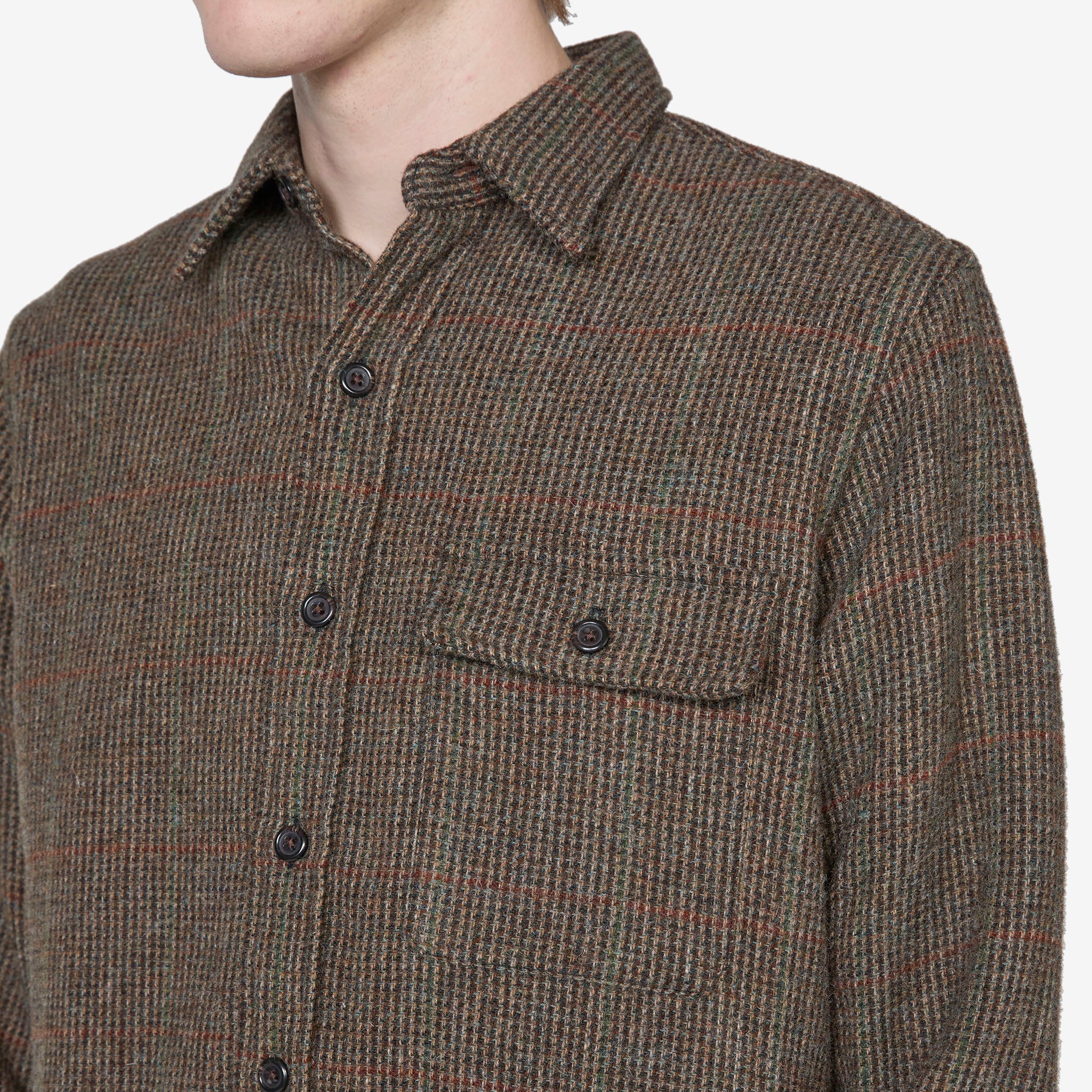 Custom Fit Suede-Patch Plaid Wool Shirt 6184 in Brown and Loden Multi