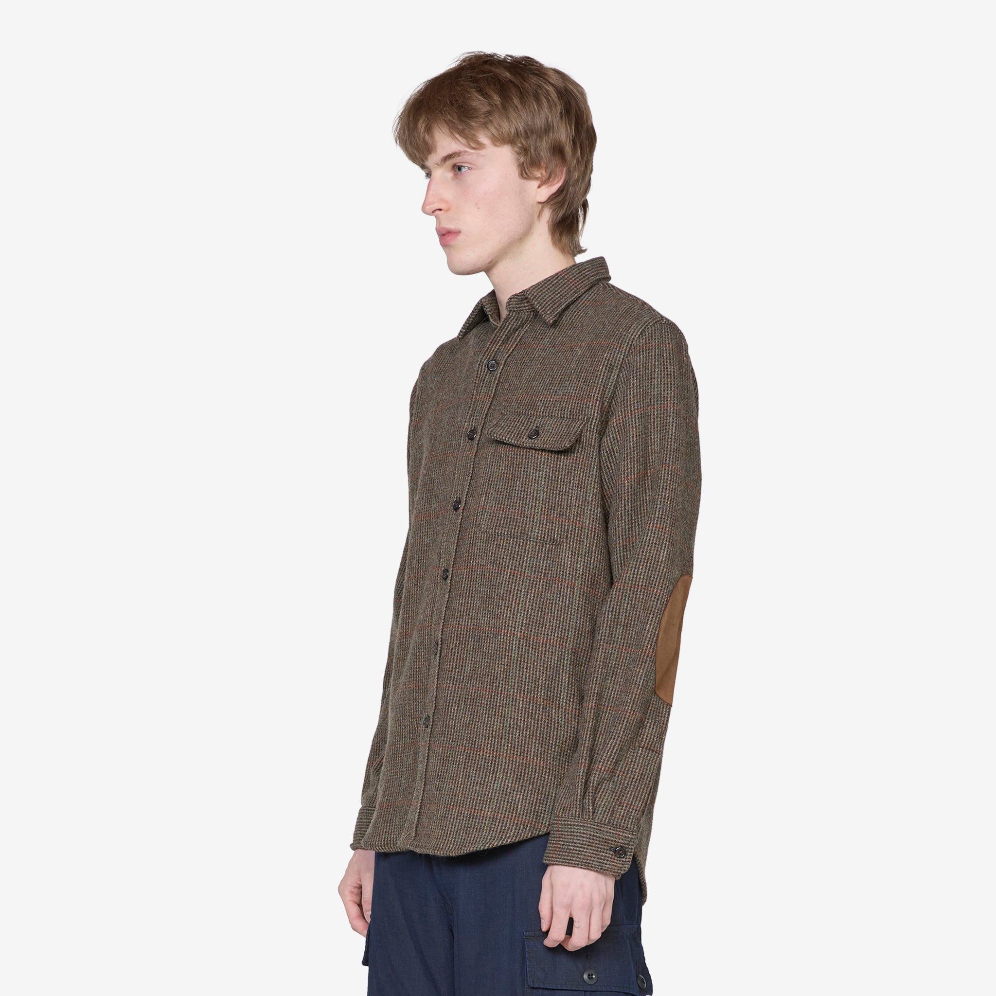 Custom Fit Suede-Patch Plaid Wool Shirt 6184 in Brown and Loden Multi