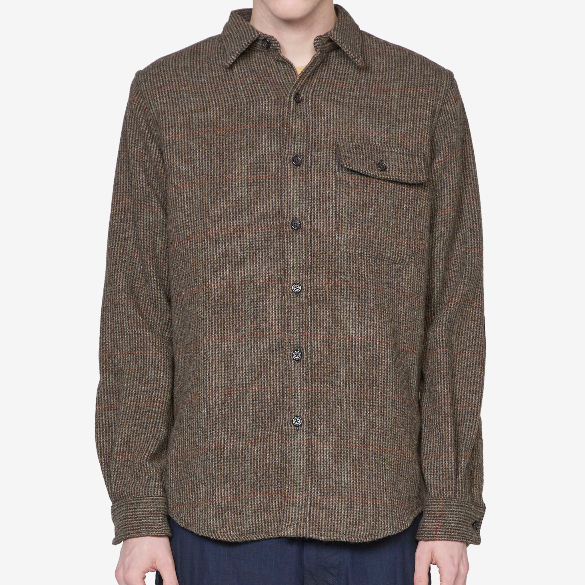 Custom Fit Suede-Patch Plaid Wool Shirt 6184 in Brown and Loden Multi