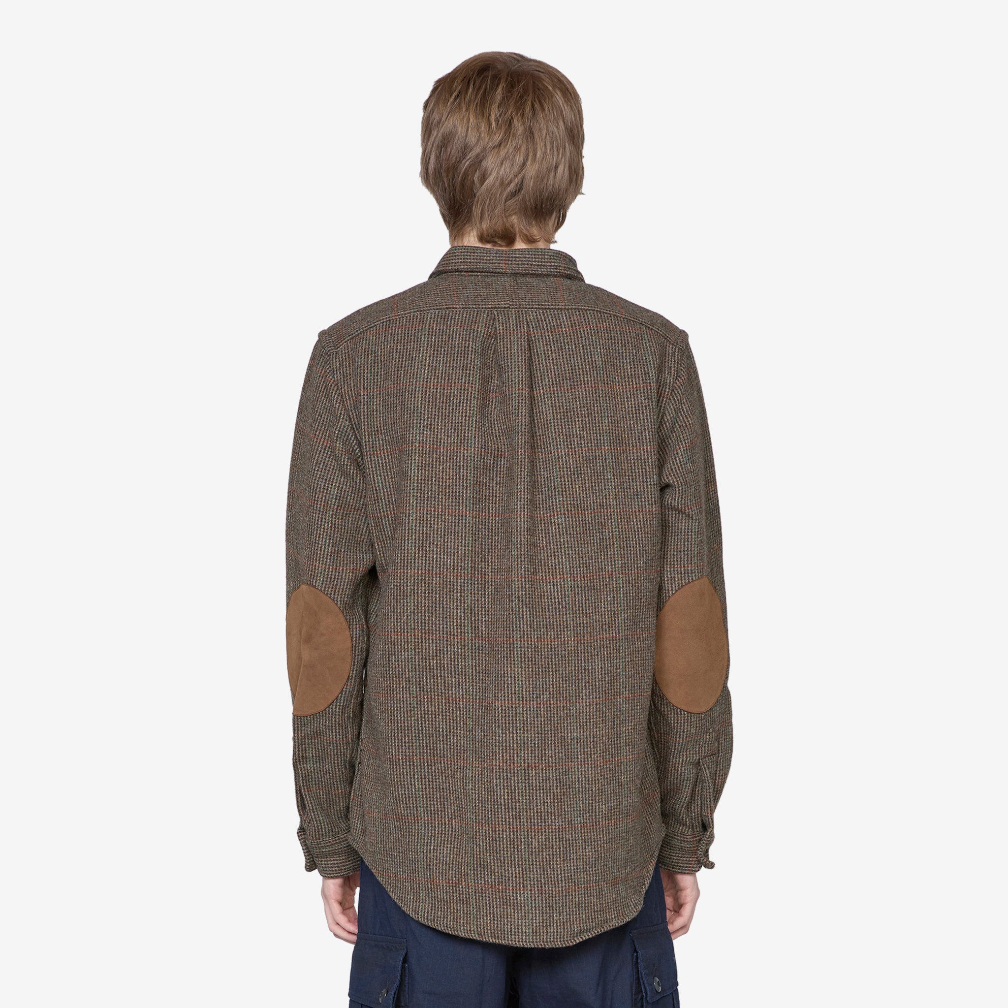 Custom Fit Suede-Patch Plaid Wool Shirt 6184 in Brown and Loden Multi