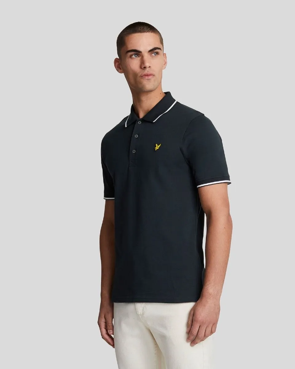 Dark Navy and White Tipped Short Sleeve Polo Shirt by Lyle and Scott