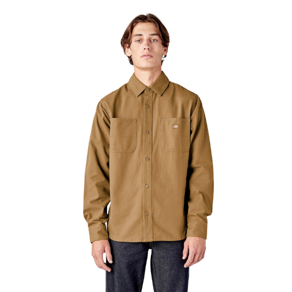 Dickies Stonewashed Brown Duck Utility Shirt - Long Sleeve, Canvas Material