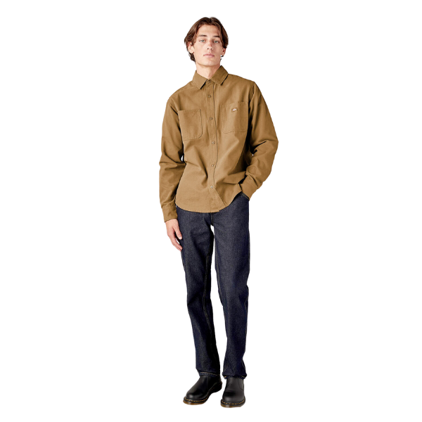 Dickies Stonewashed Brown Duck Utility Shirt - Long Sleeve, Canvas Material