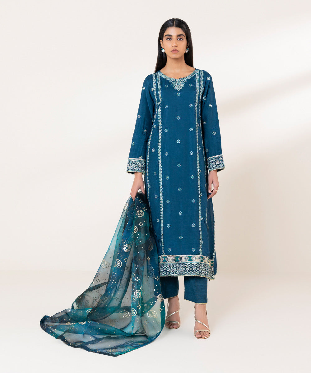 Embroidered Raw Silk Suit - 3 Piece