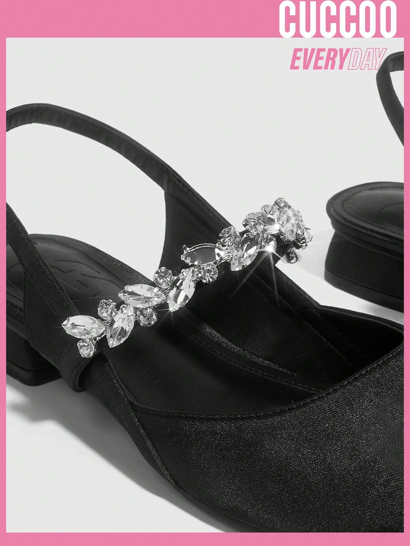 Fashionable black low-heeled pumps with rhinestone chain design for spring and summer.