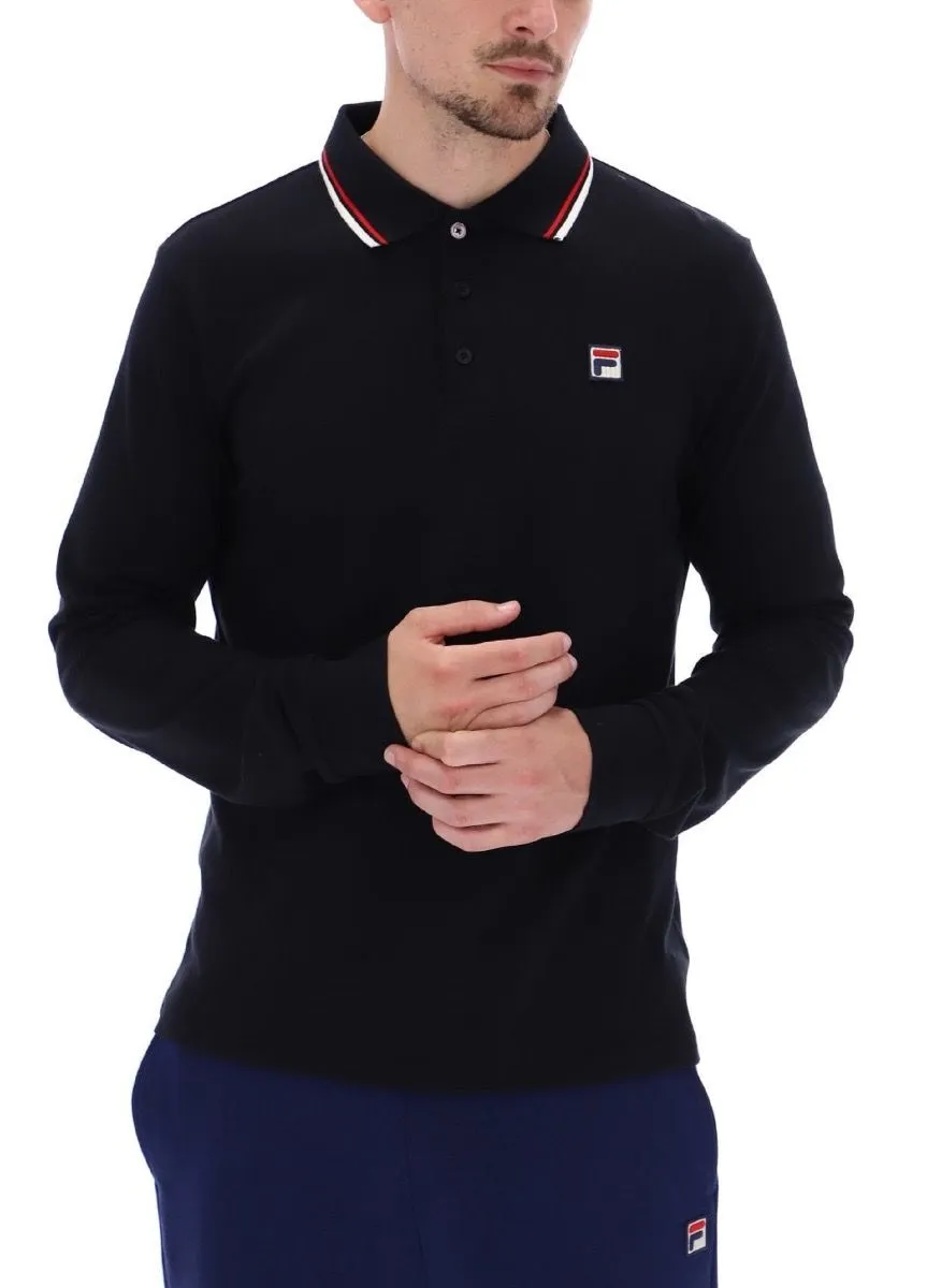 Fila Monte Tipped Long Sleeve Polo Shirt Black Gardenia Red