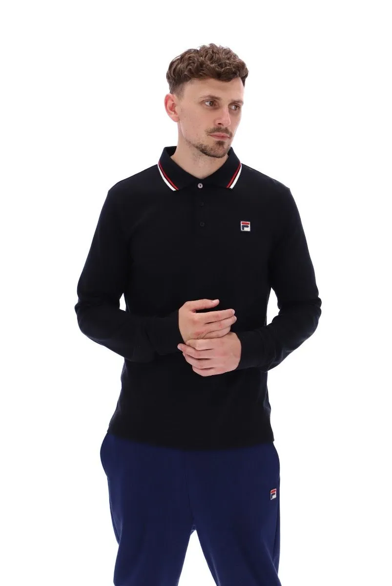 Fila Monte Tipped Long Sleeve Polo Shirt Black Gardenia Red