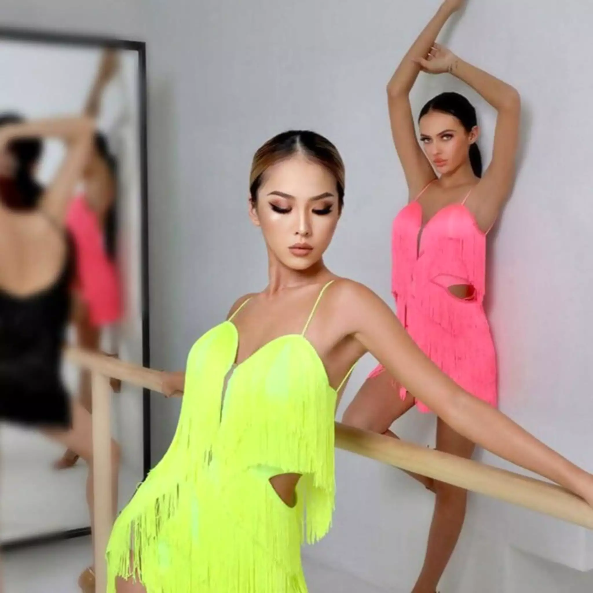 Fluorescent Fringe Dance Dress | Black Pink Yellow | 2118