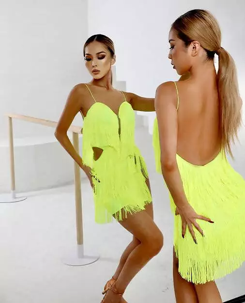 Fluorescent Fringe Dance Dress | Black Pink Yellow | 2118