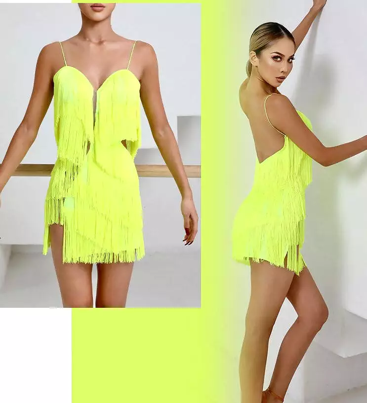 Fluorescent Fringe Dance Dress | Black Pink Yellow | 2118