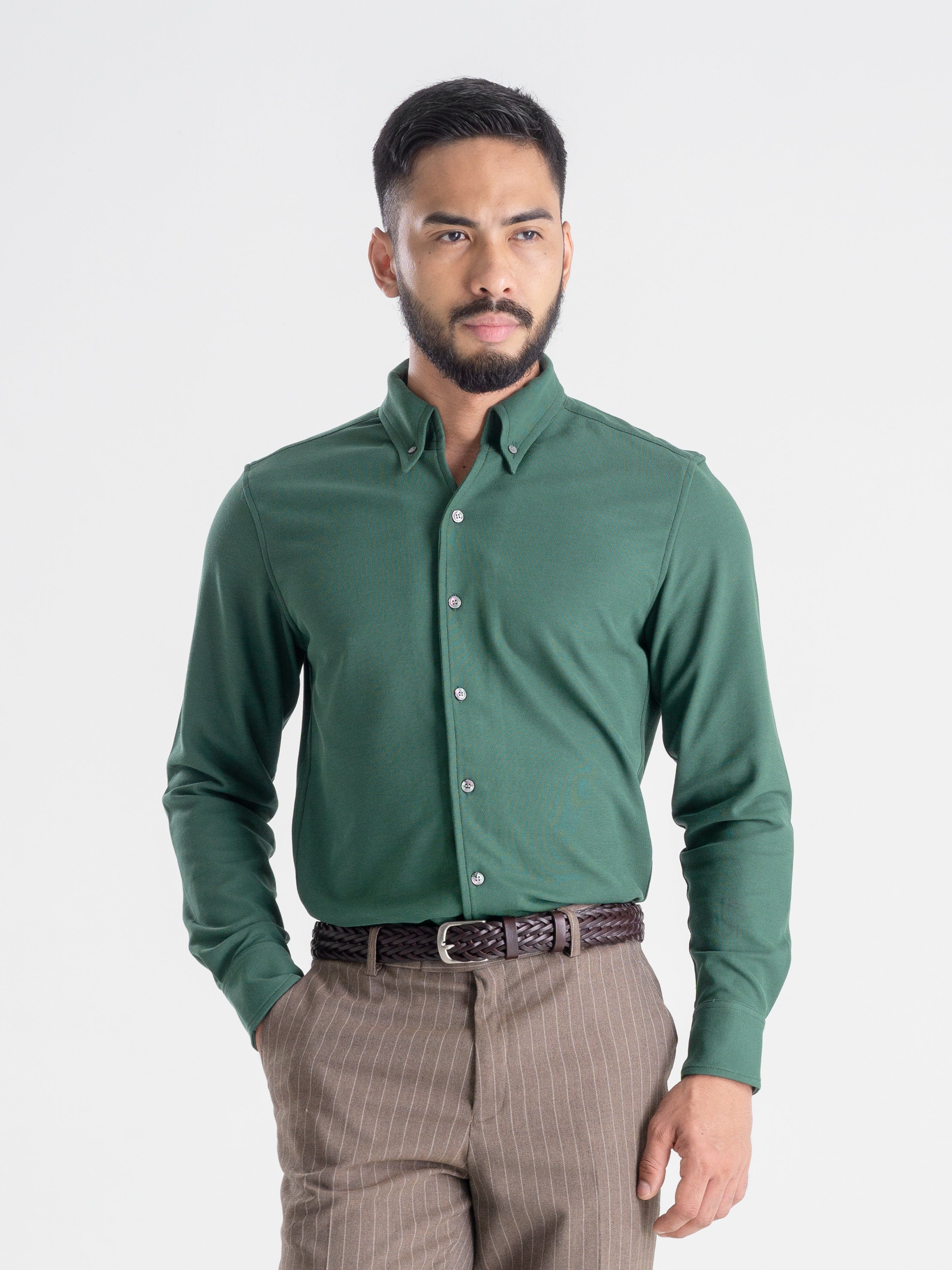 Forest Green Long Sleeve Polo Shirt - Button Down