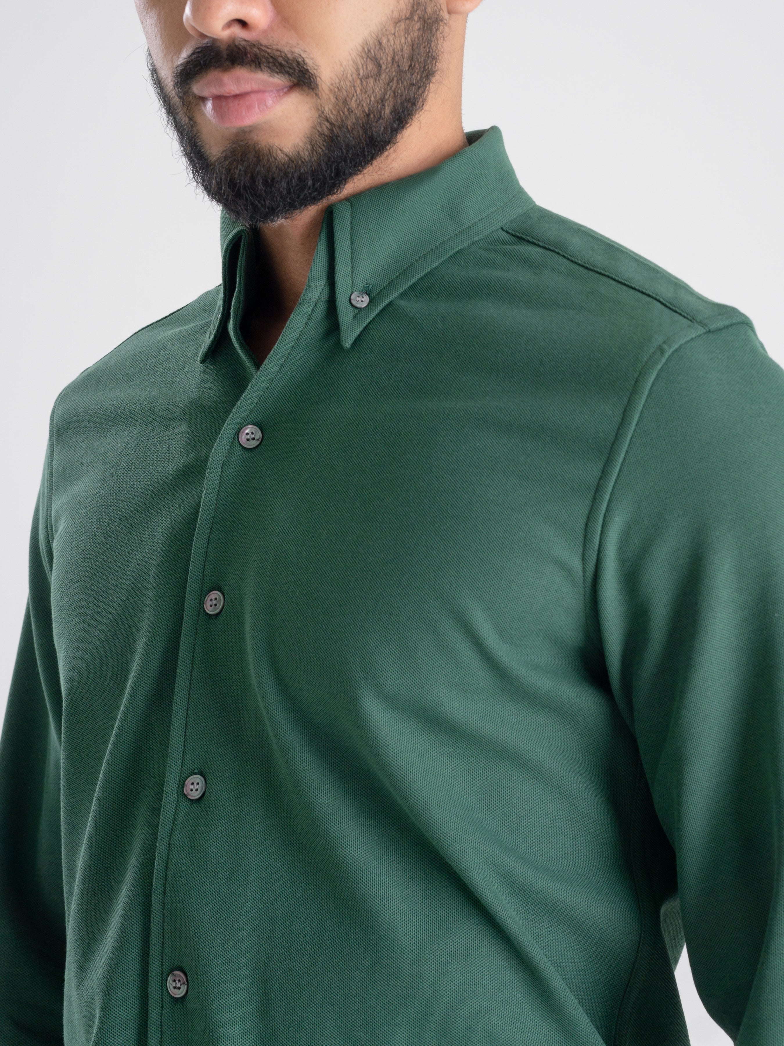 Forest Green Long Sleeve Polo Shirt - Button Down