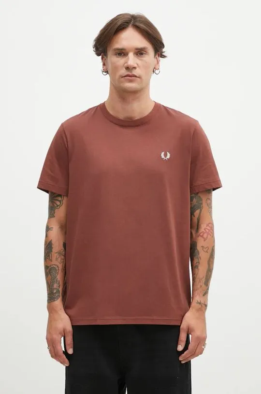 Fred Perry Men's Brown Crew Neck Cotton T-Shirt with Application M1600.W52