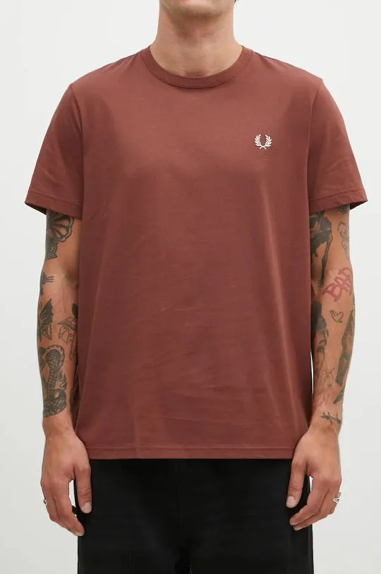 Fred Perry Men's Brown Crew Neck Cotton T-Shirt with Application M1600.W52