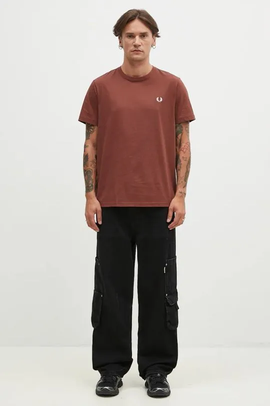 Fred Perry Men's Brown Crew Neck Cotton T-Shirt with Application M1600.W52