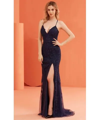 J'Adore Deep V-Neck Embroidered Prom Gown (Style J22023)