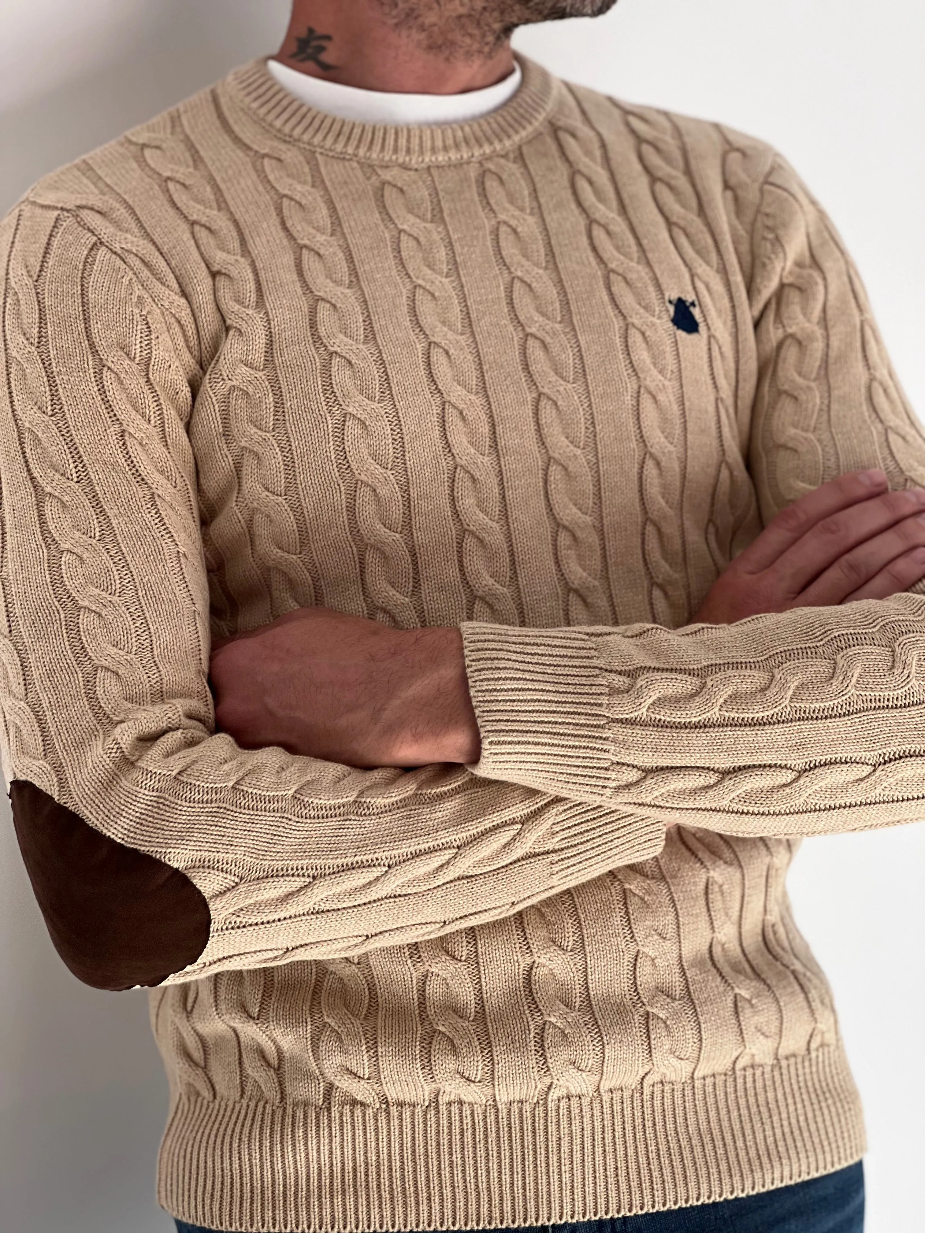 Beige Men's Elbow Patch Sweater.