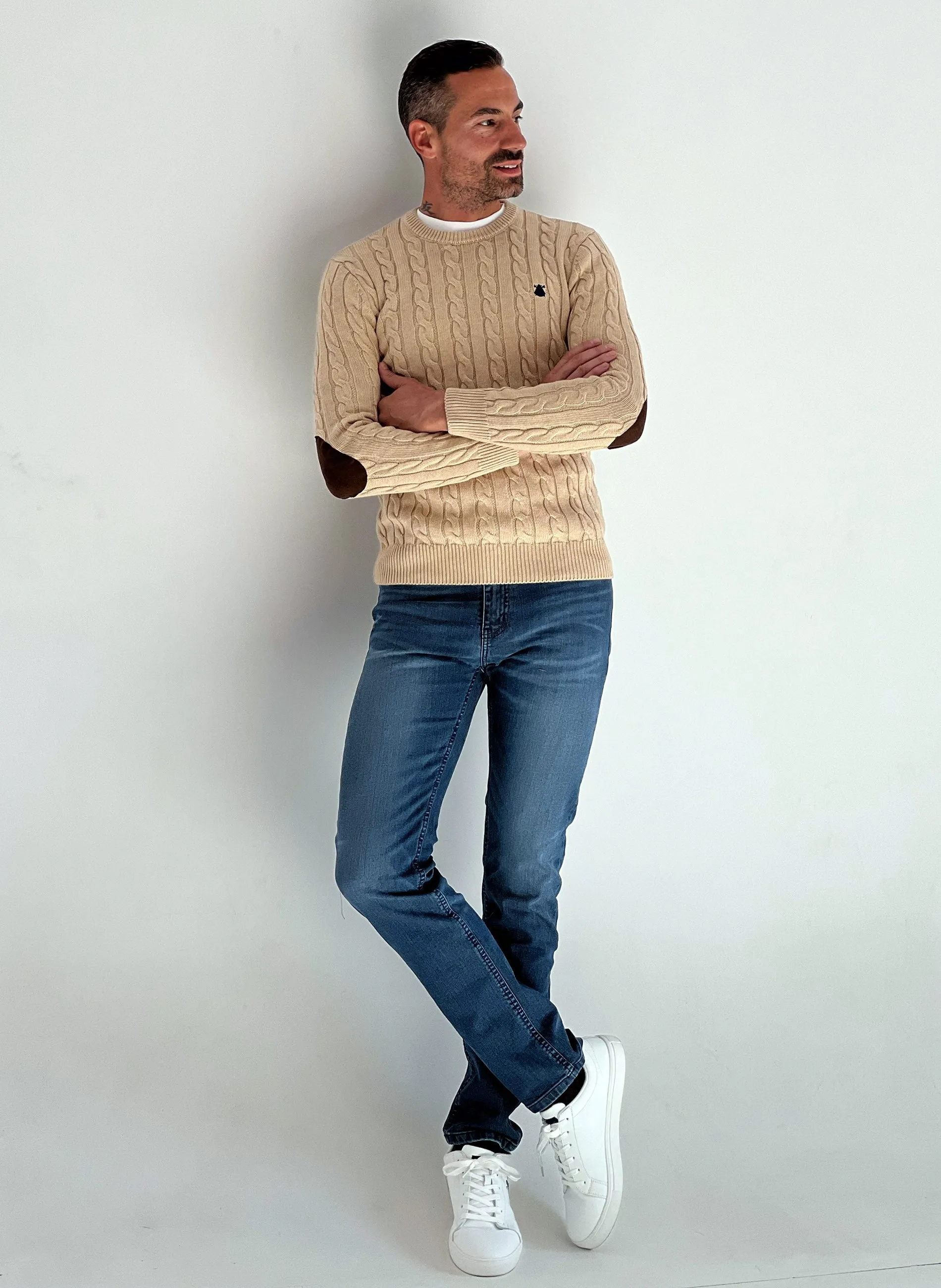 Beige Men's Elbow Patch Sweater.