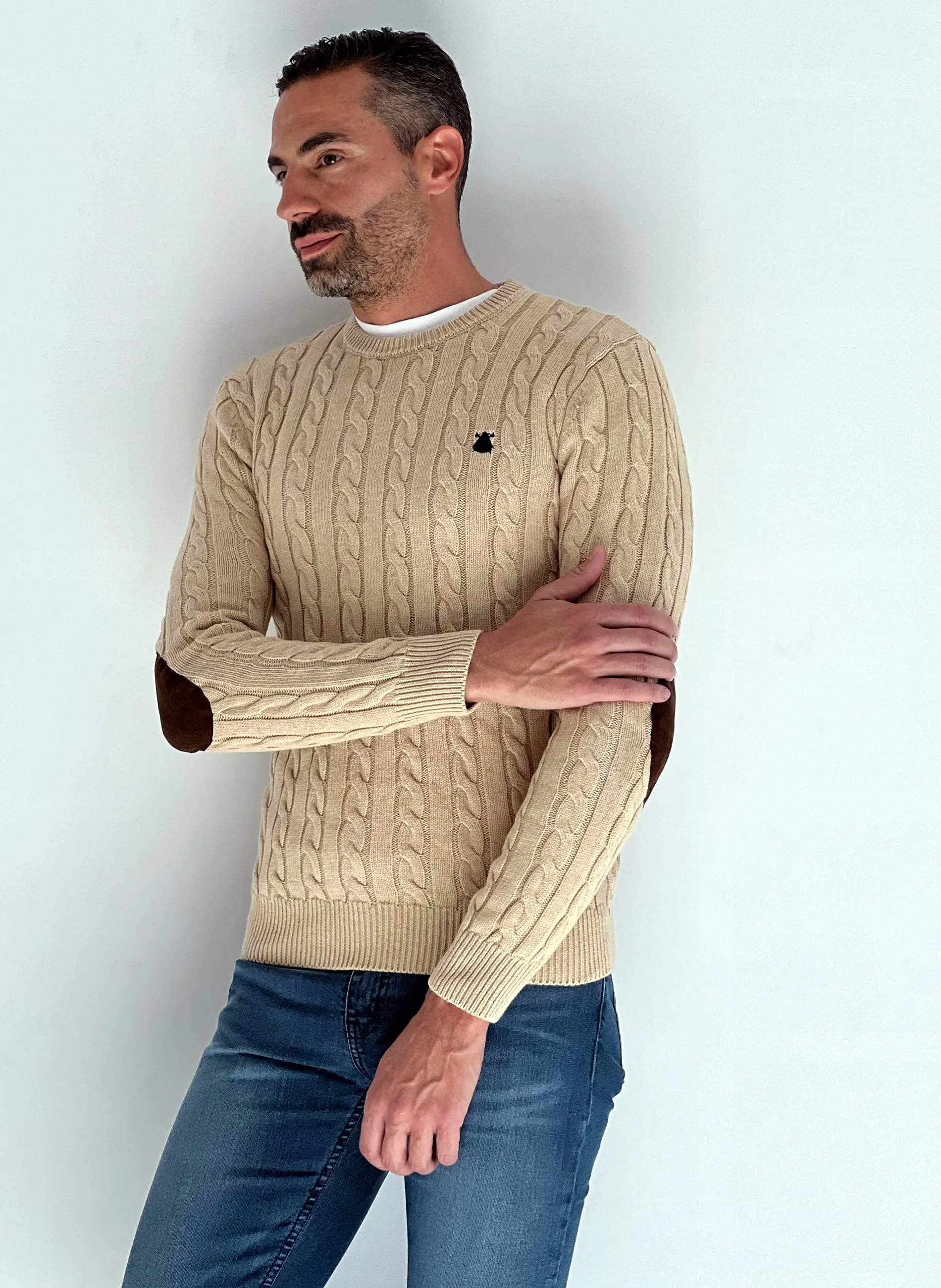 Beige Men's Elbow Patch Sweater.