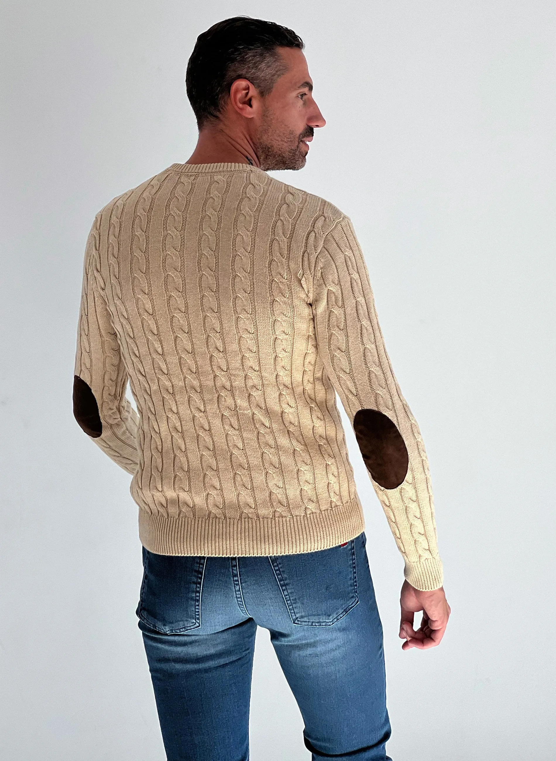 Beige Men's Elbow Patch Sweater.