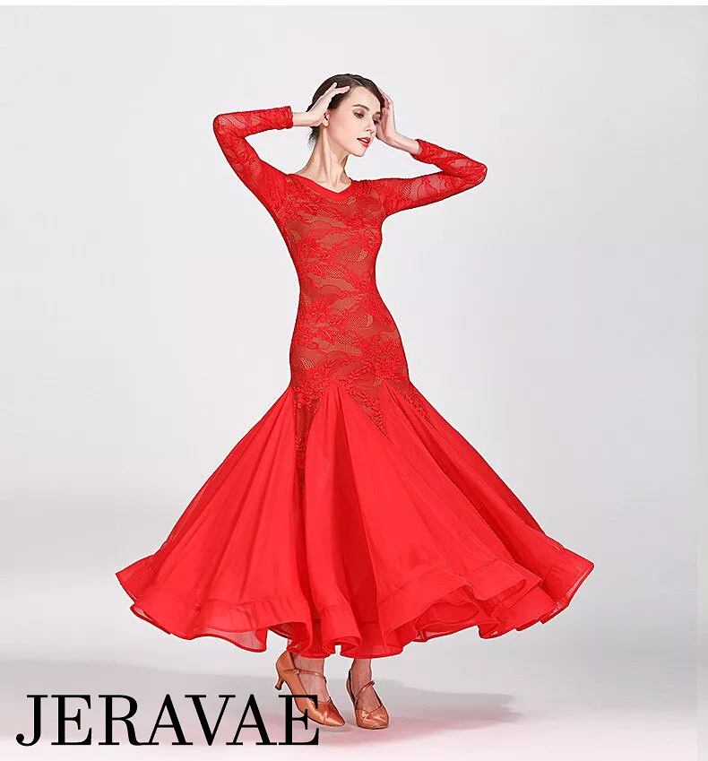 Lace Ballroom Practice Dress - Nude Illusion, Long Sleeves - Red and Black - Sizes S-XXL - PRA 269 Sale - Google SEO