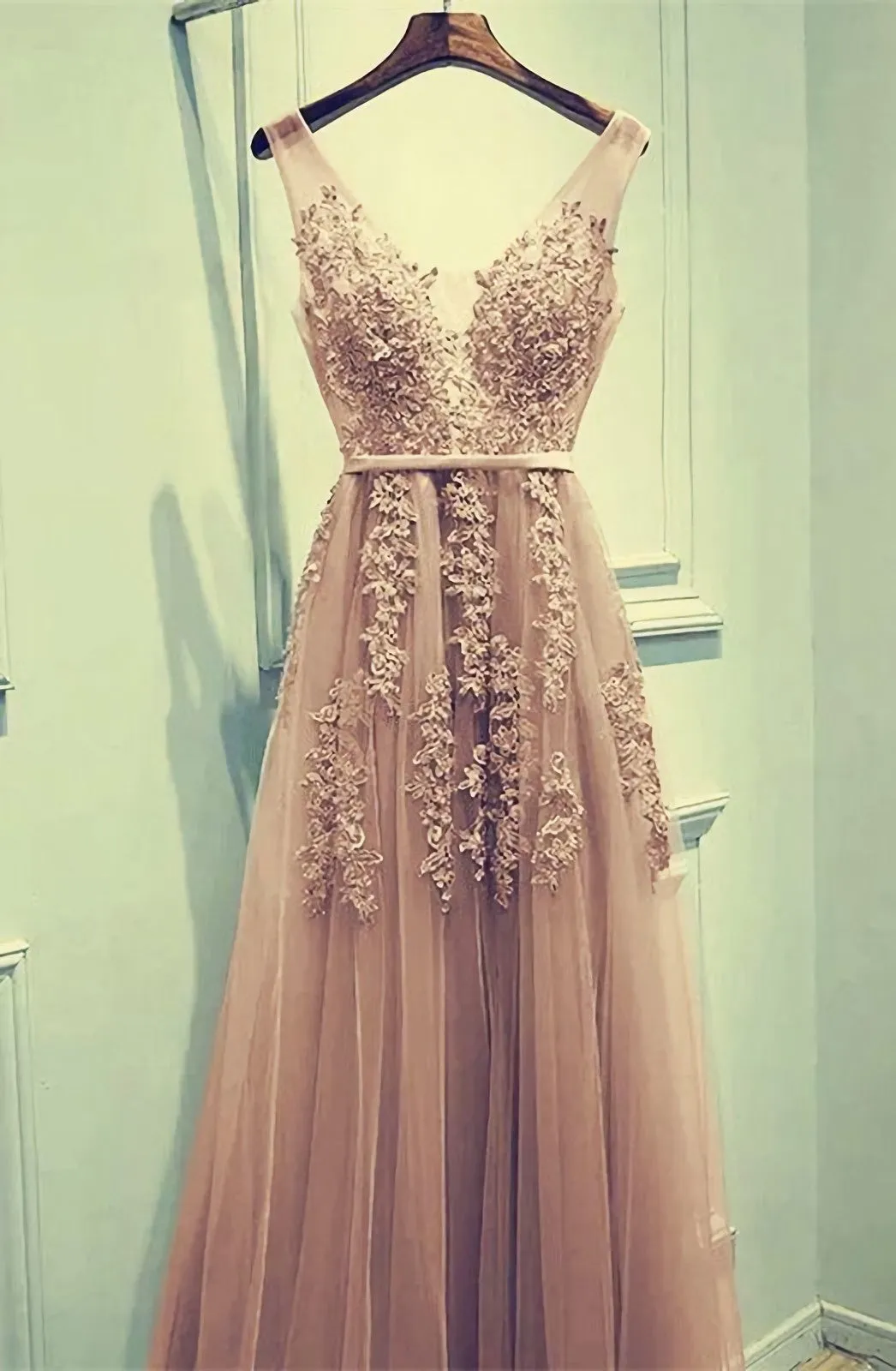 Champagne Lace Prom Dresses with Appliques, Bridesmaid Dresses in Tulle